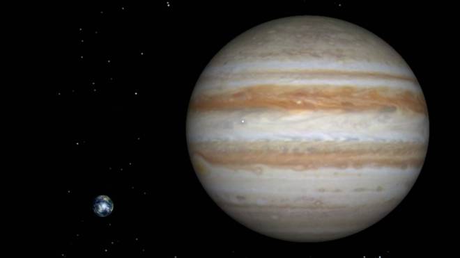 JUpiter compared to Earth, Jupiter is 11.2 times bigger than earth. photo-credit; ytimg.com