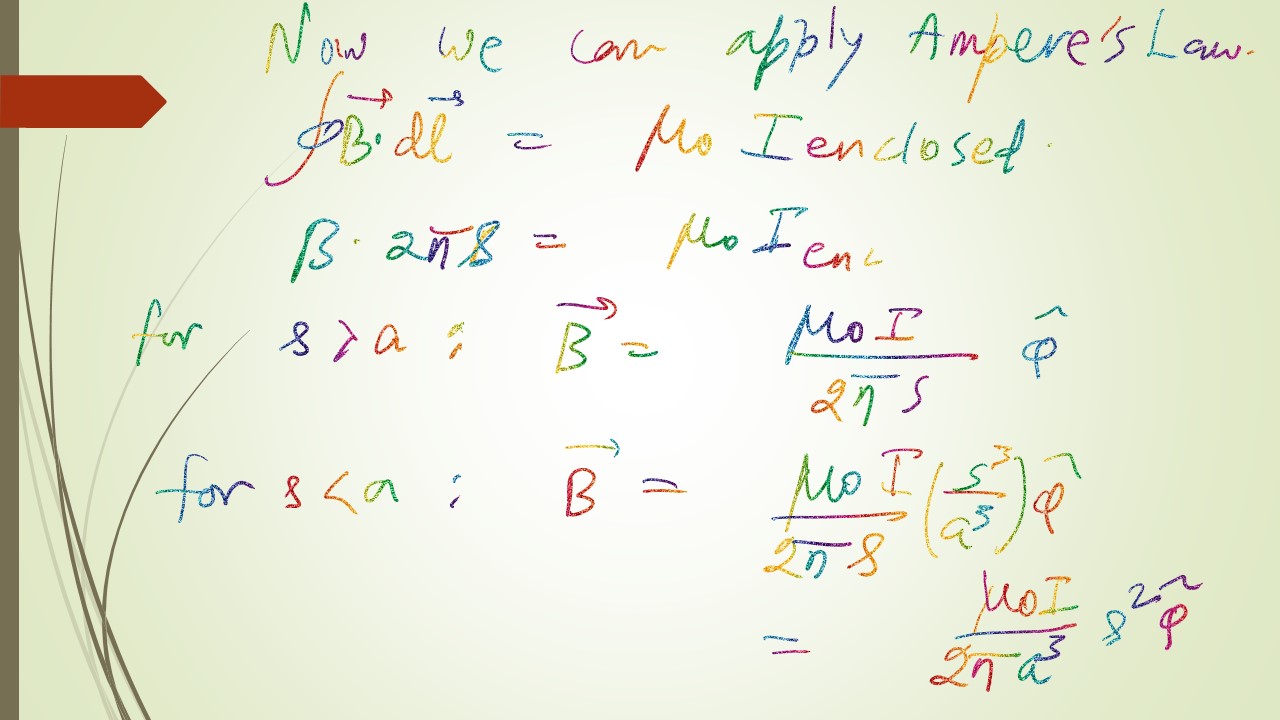 magnetic field outside and inside of the cylinder. Outside value depends on total value of current: I. Inside value varies as the quadratic power of distance from axis. Application of Ampere's Law.