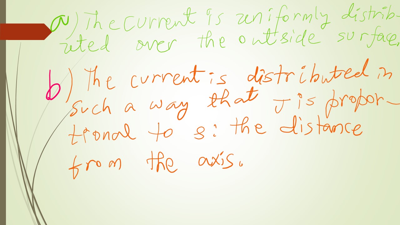 Application of Ampere's Law: Surface current density on the outside surface is uniform. Volume current density J is directly proportional to s; the distance from the axis of the wire where we are concerned about the value of J.